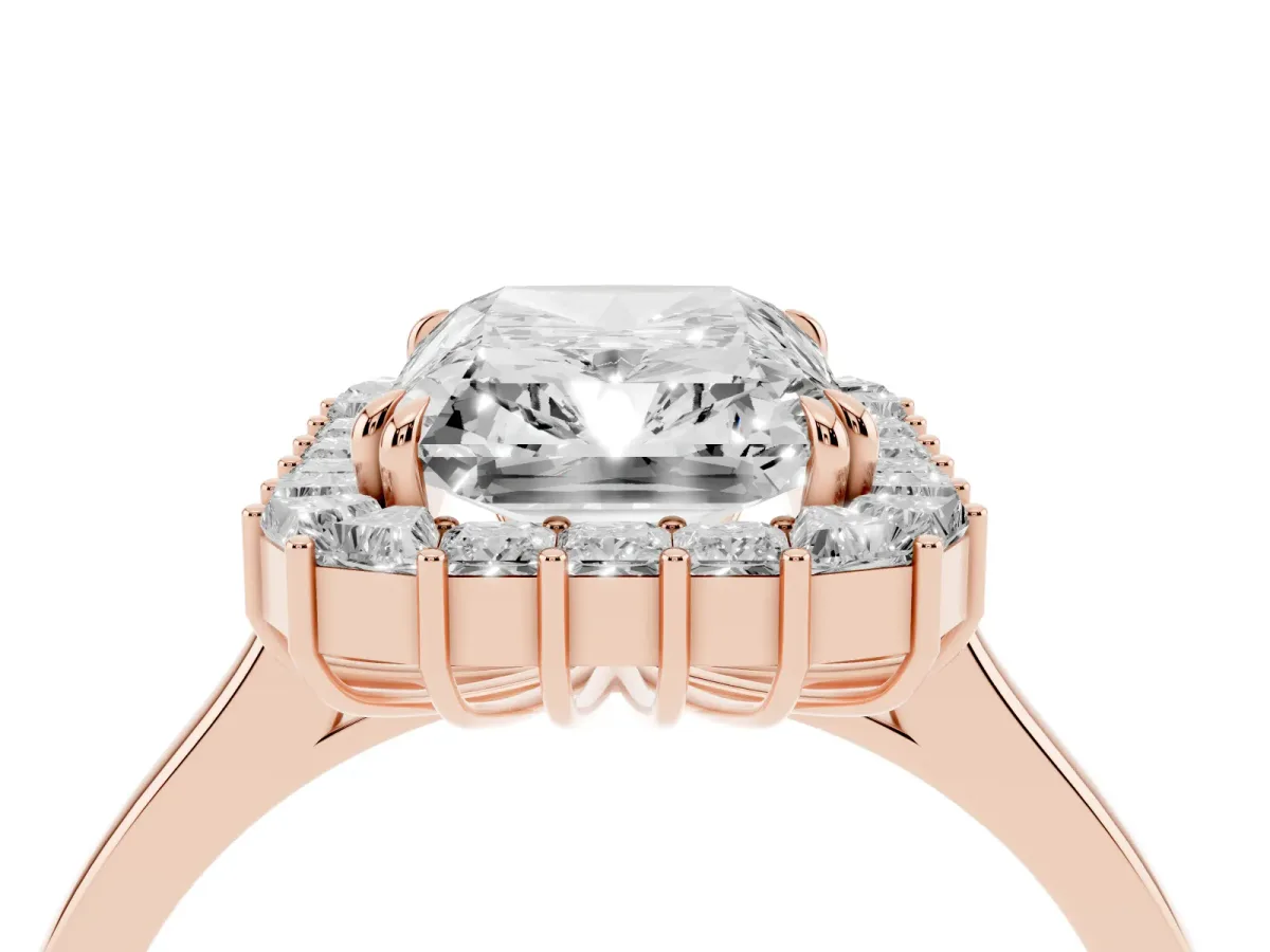 Radiant Diamond Baguette Halo Engagement Ring Rose gold