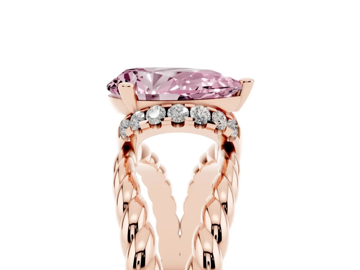 Fancy Pink Pear Cut Halo Twisted Band Four-Prong Ring Rose gold