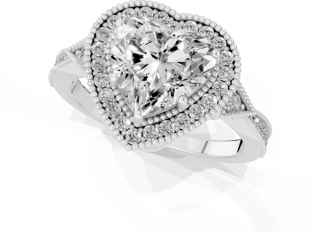 Heart Cut Halo Round Diamond Milgrain Pave Engagement Ring Silver