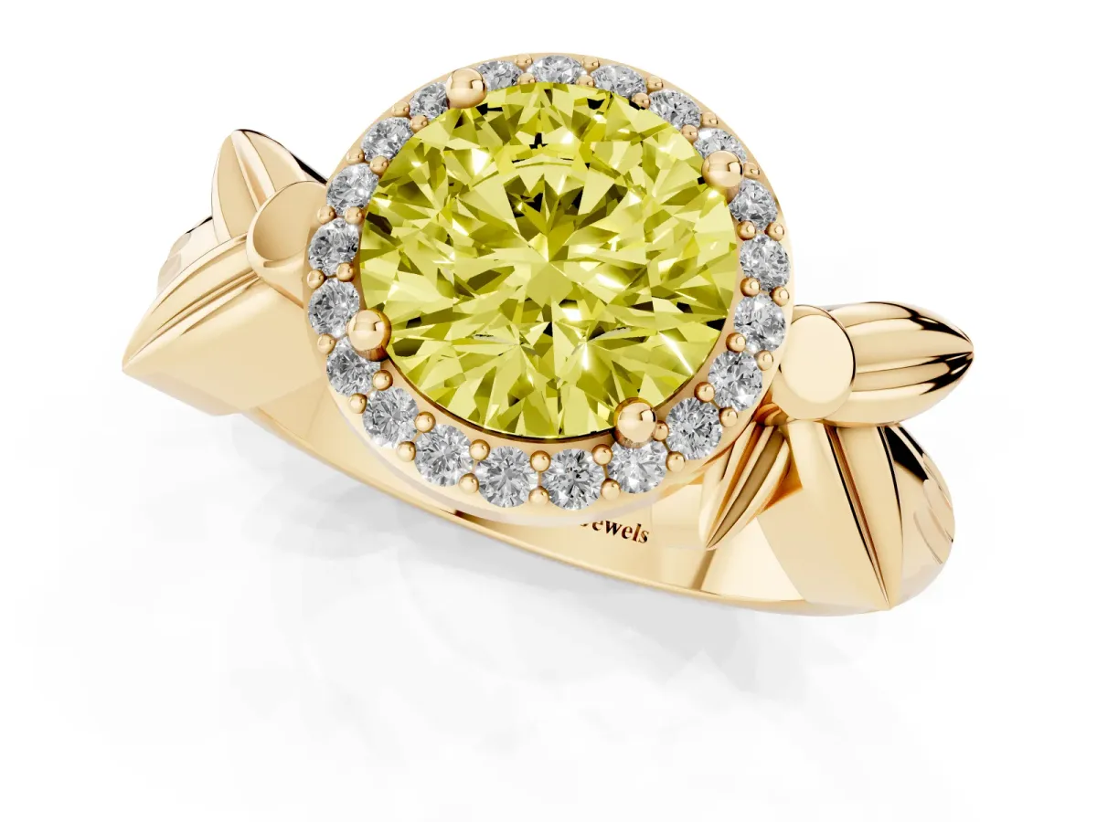 Fancy Yellow Round Cut Halo Diamond Floral Band with Four-Prong Setting Yellow gold