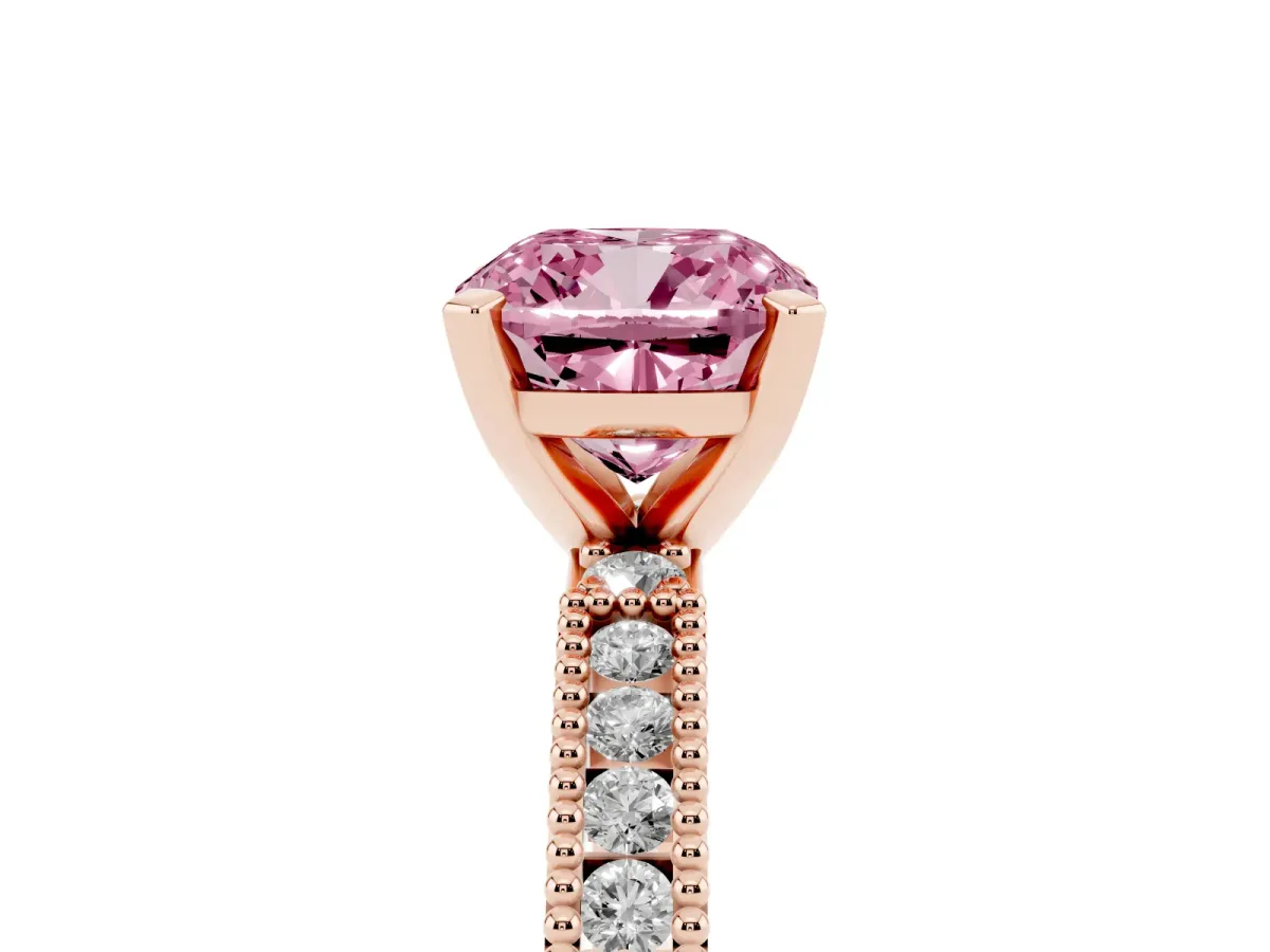 Fancy Pink Cushion Cut Solitaire with Pavé Band and Four-Prong Setting Rose gold