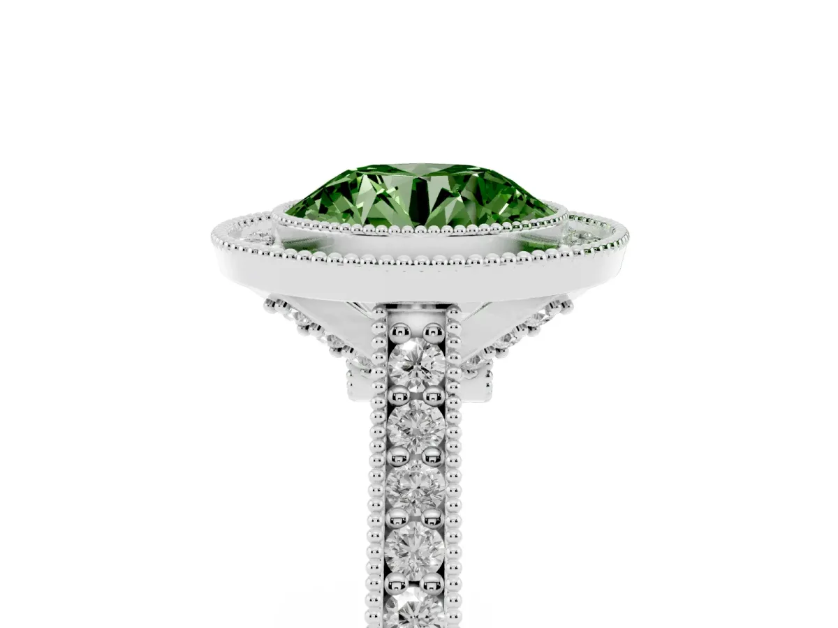 Fancy Green Halo Round Cut-Cut Diamond Pave Band Milgrain Prong Setting Ring Silver