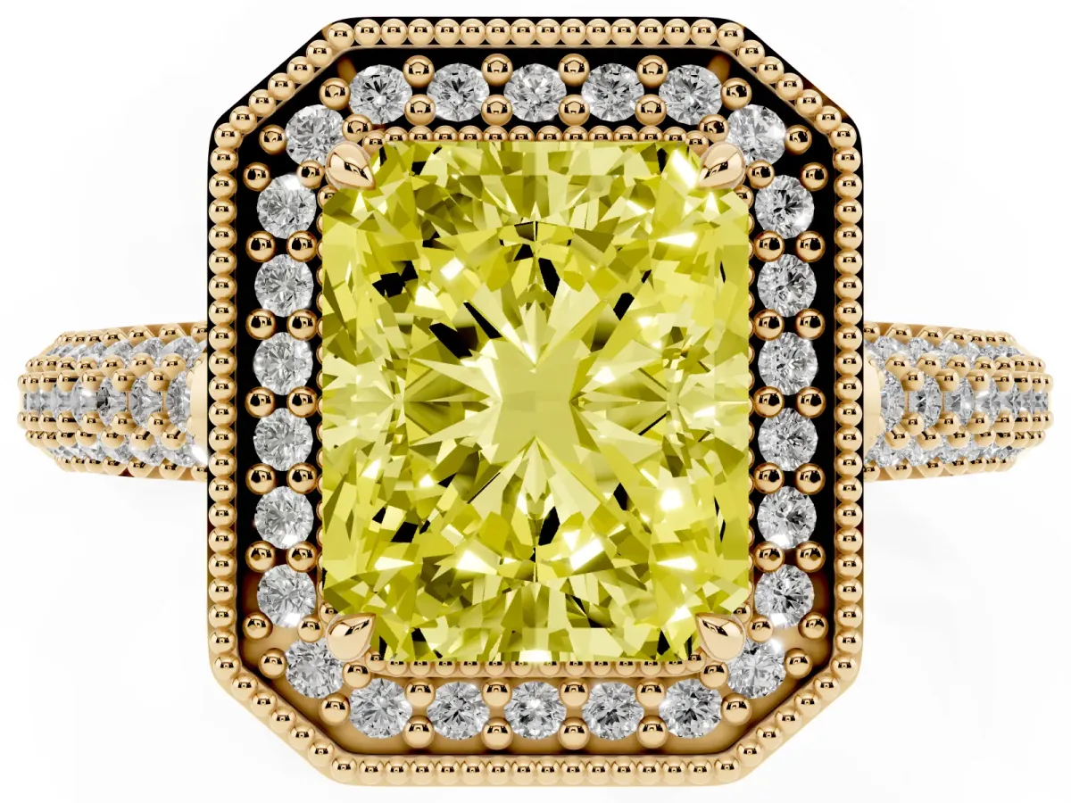 Fancy Yellow Radiant Cut Cut Halo Diamond Pave Band with Four-Prong Setting Yellow gold