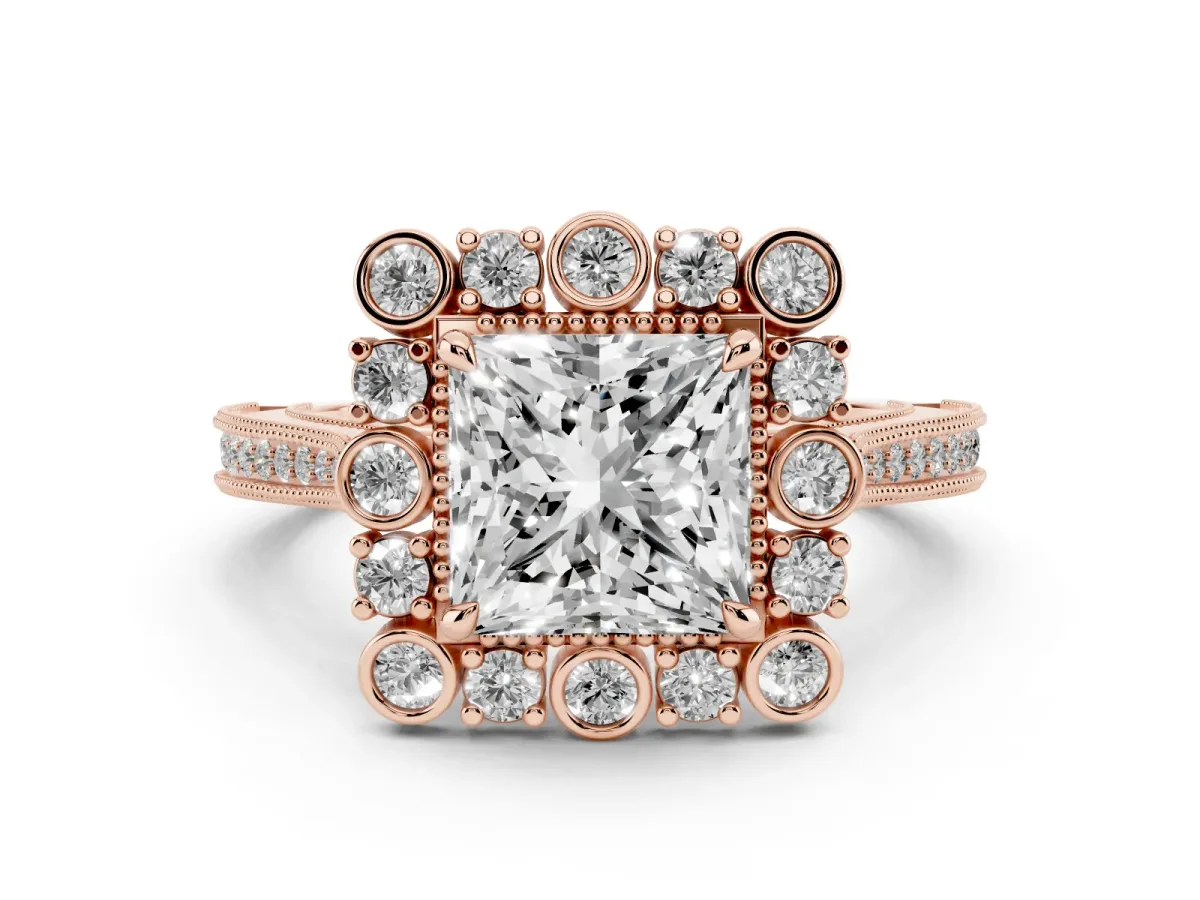 Princess Cut Halo Milgrain Pave Diamond Ring with Four-Prong Setting Rose gold