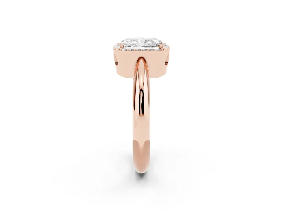 Radiant Cut Cut Diamond Halo Engagement Ring with Split Shank and Four-Prong Setting Rose gold
