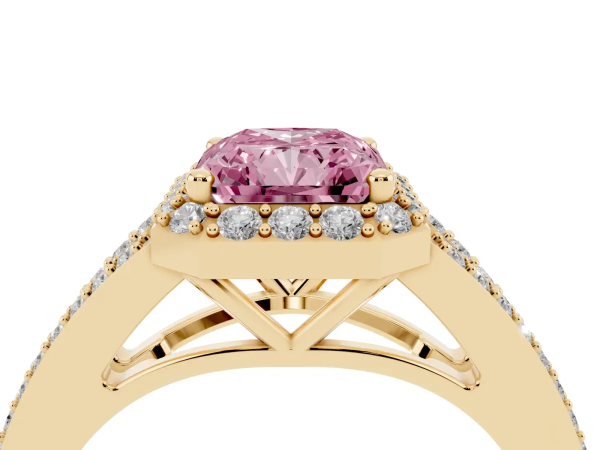 Fancy Pink Radiant Cut Halo Split Shank Diamond Ring with Prong Setting Yellow gold