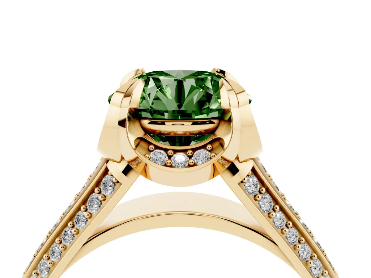 Fancy Green Round Cut Solitaire Pave Split Shank Ring with Four-Prong Setting Yellow gold