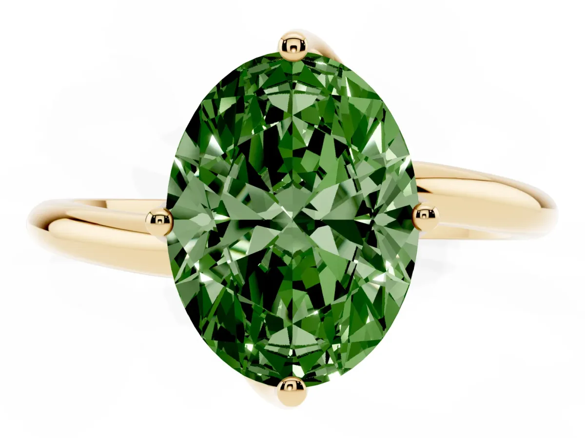 Fancy Green Oval Cut Diamond Solitaire Engagement Ring with Four-Prong Setting and Classic Band Yellow gold