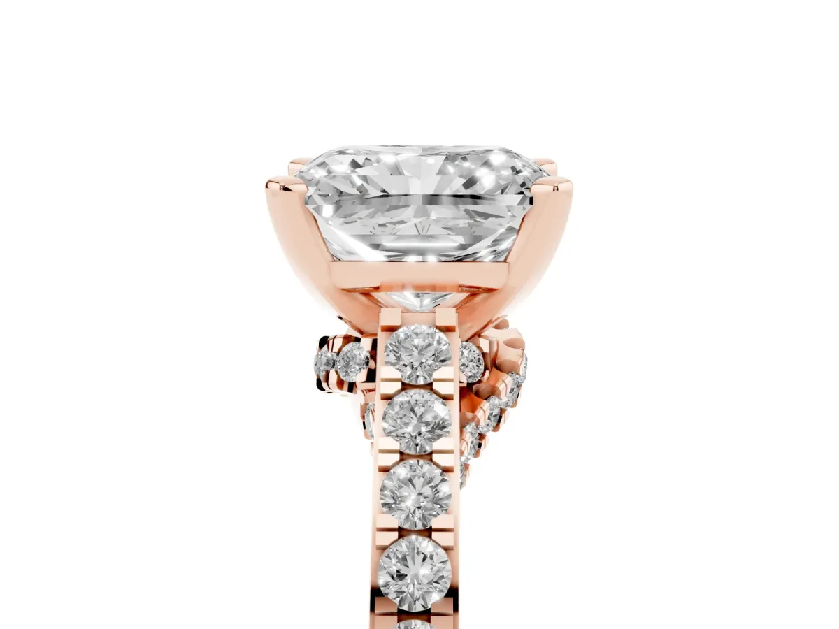 Radiant Cut Diamond Solitaire Ring with Crossover Gallery and Round Pavé Band Rose gold