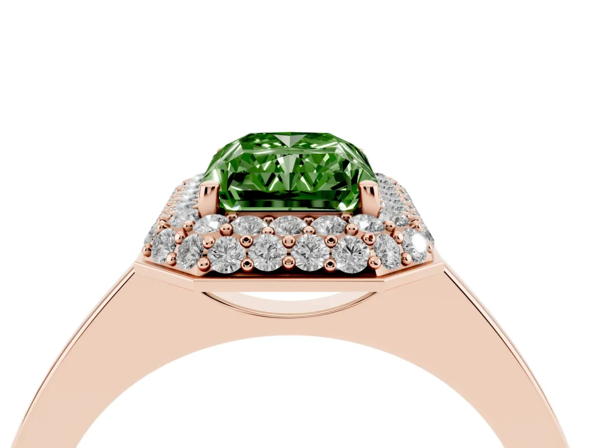 Fancy Green Radiant Cut Halo Diamond Engagement Ring with Solitaire Band and Four-Prong Setting Rose gold