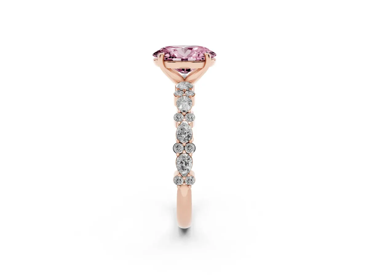 Fancy Pink Oval Cut Diamond Side Stone Solitaire Ring with Round and Four-Prong Setting Rose gold