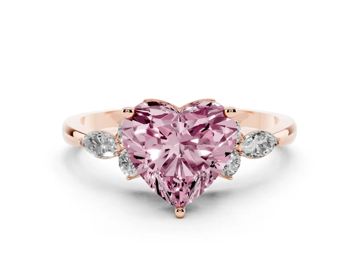 Fancy Pink Heart Cut Brilliant Diamond Solitaire Ring with Pear Side Stones and Four-Prong Setting Rose gold