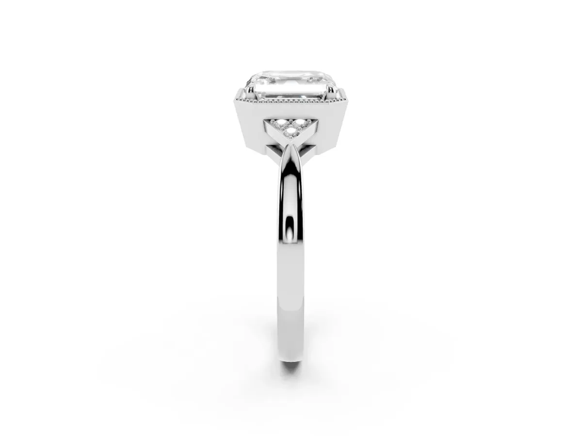 Milgrain Asscher Cut Cut Diamond Ring with Tapered Pave Band and Four Prong Setting White gold