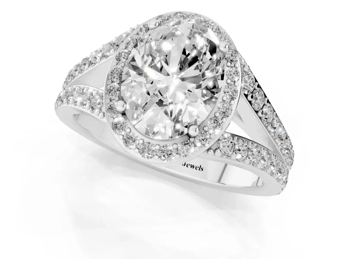 Oval Cut Diamond Split Shank Halo Ring with Four-Prong Setting White gold