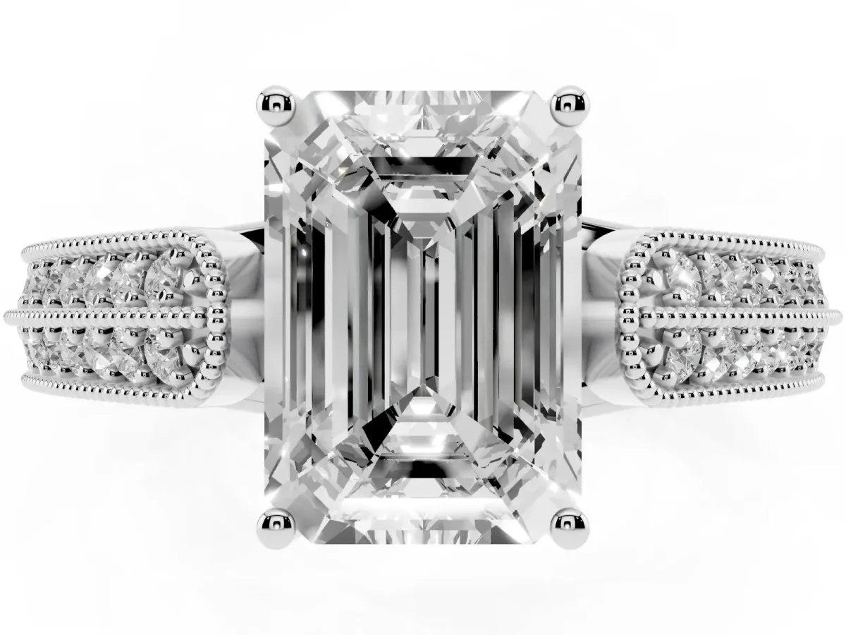 Emerald Cut Cut Pave Split Shank Engagement Ring with Four-Prong Setting Silver
