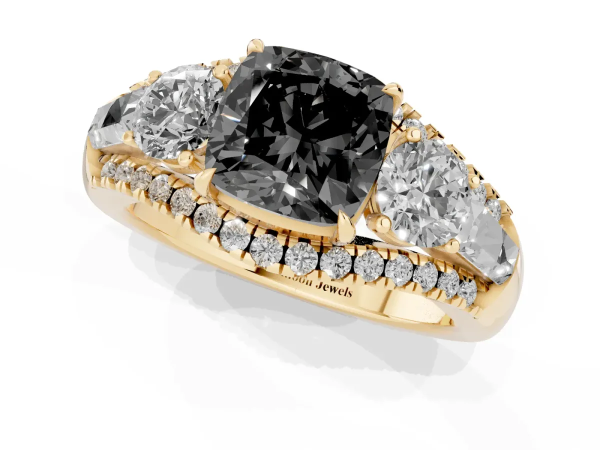 Fancy Black Three-Stone Cushion Cut Diamond Engagement Ring with Pave Band and Prong Setting Yellow gold