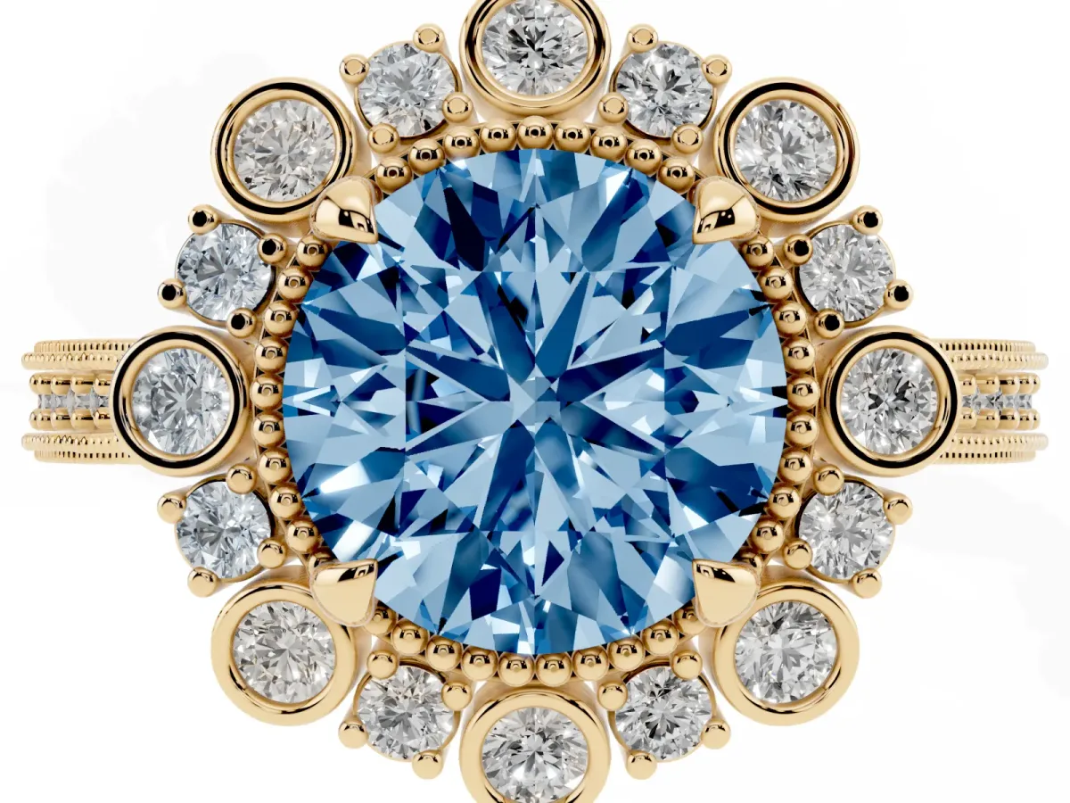 Fancy Blue Round Cut Halo Milgrain Pave Diamond Ring with Four-Prong Setting Yellow gold