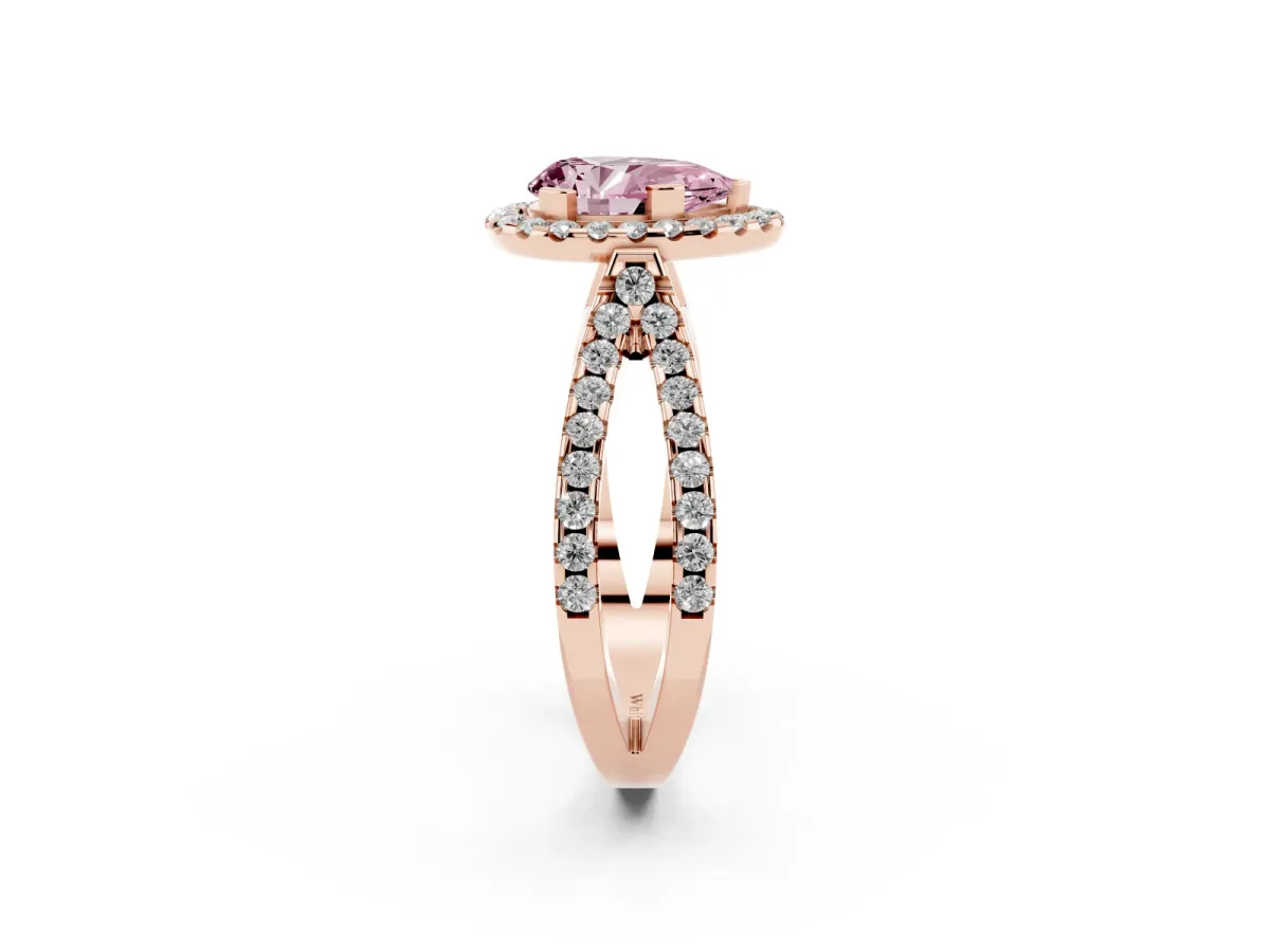 Fancy Pink Pear Cut Diamond Halo Ring with Split Shank Pavé Band and Prong Setting Rose gold