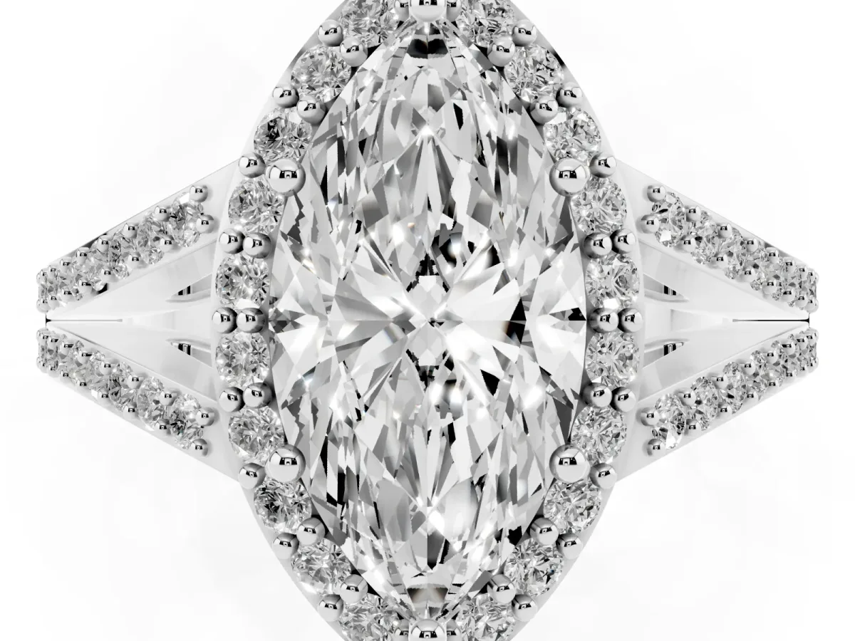 Marquise Cut Halo Split Shank Pave Diamond Ring with Four-Prong Setting Silver