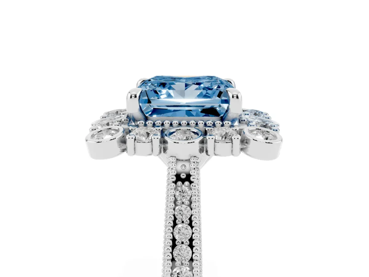 Fancy Blue Princess Cut Halo Milgrain Pave Diamond Ring with Four-Prong Setting Silver