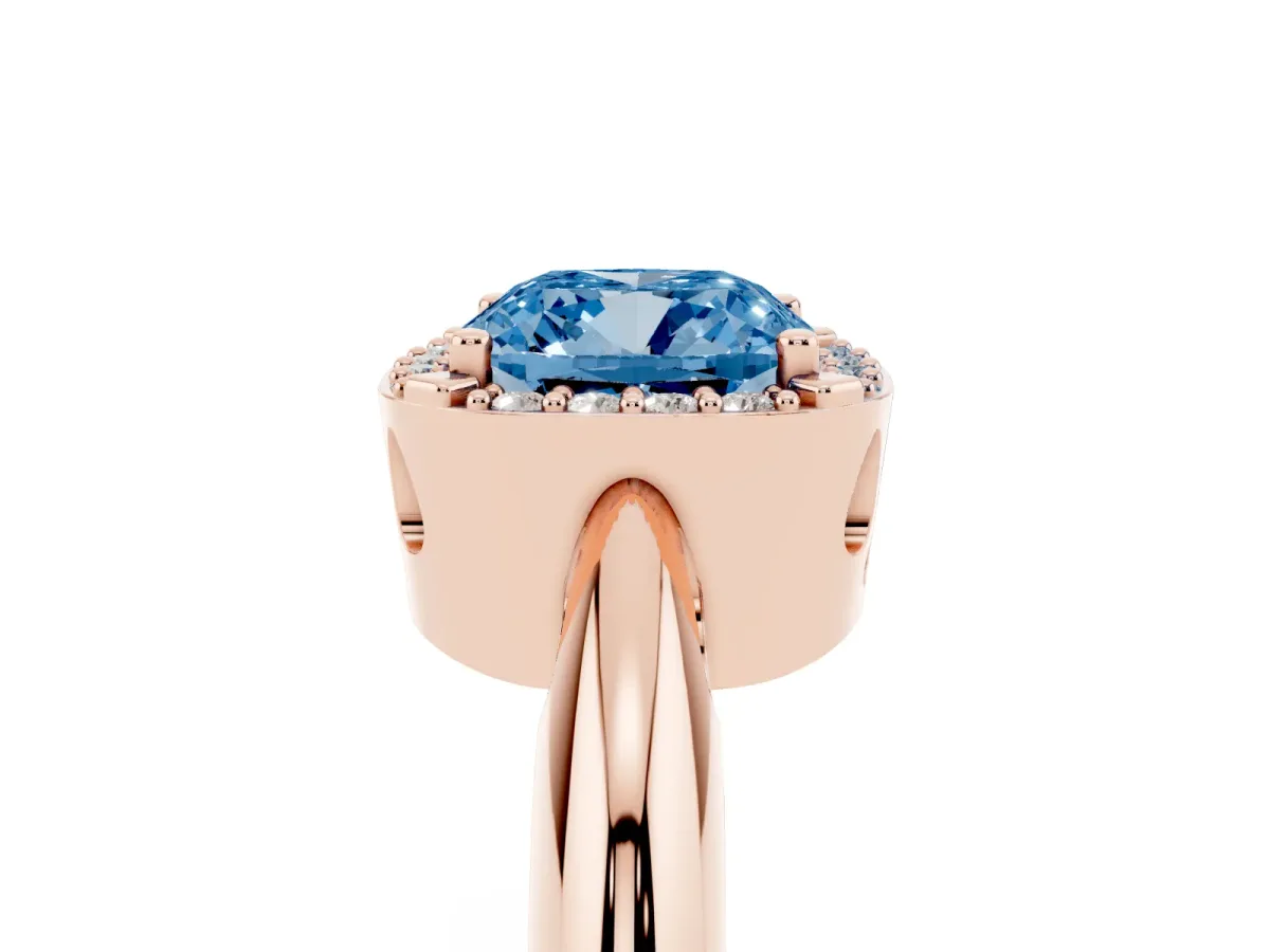 Fancy Blue Cushion Cut Cut Diamond Halo Engagement Ring with Split Shank and Four-Prong Setting Rose gold