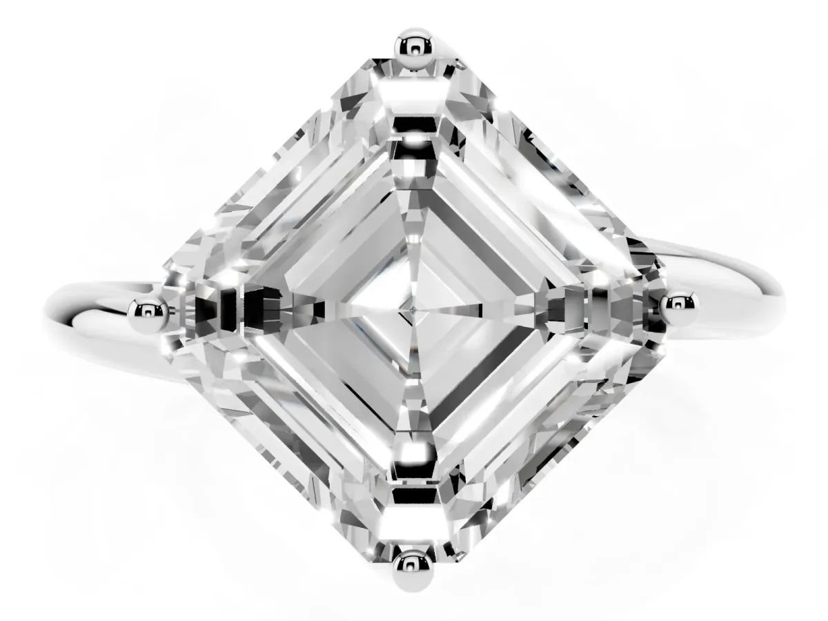 Asscher Cut Diamond Solitaire Engagement Ring with Four-Prong Setting and Classic Band Silver