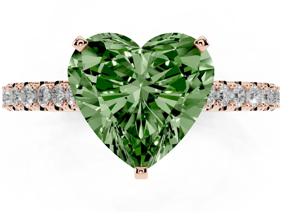 Fancy Green Heart Cut Cut Solitaire Diamond Engagement Ring with Pave Band and Four-Prong Setting Rose gold