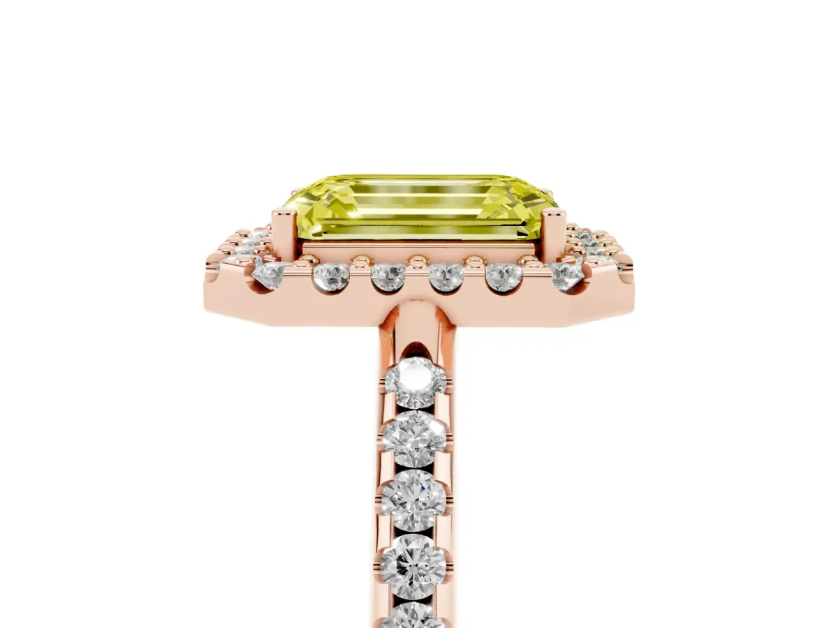 Fancy Yellow Emerald Cut Diamond Pavé Halo Ring with Four-Prong Setting Rose gold