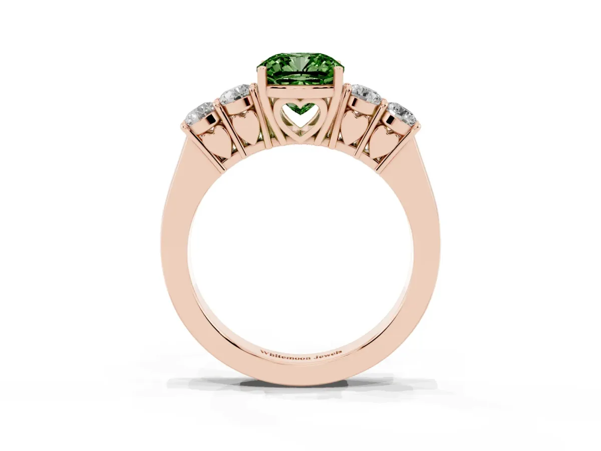 Fancy Green Cushion Cut Cut Diamond Five-Stone Prong Set White Gold Ring Rose gold