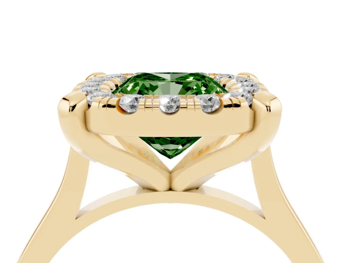 Fancy Green Cushion Cut Diamond Cluster Halo Solitaire with Four-Prong Setting Yellow gold