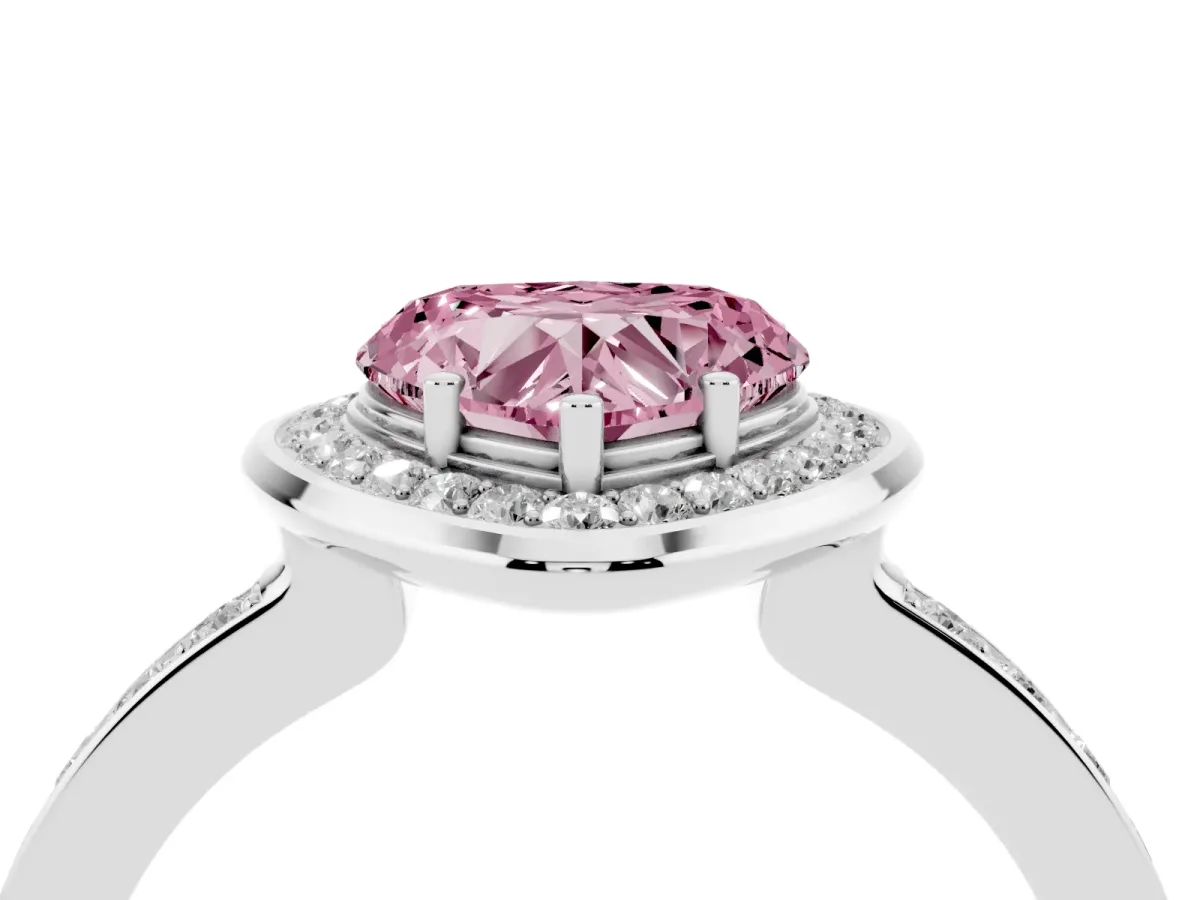 Fancy Pink Heart Cut Diamond Halo Ring with Bezel Frame and Pavé Band Silver