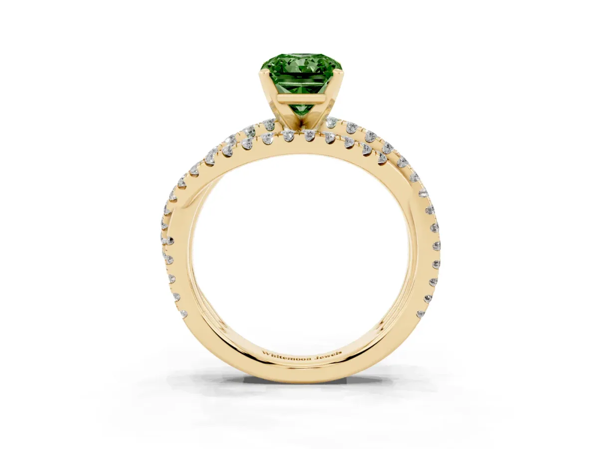 Fancy Green Radiant Cut Solitaire Twist Band with Pavé Setting and Four-Prong Setting Yellow gold