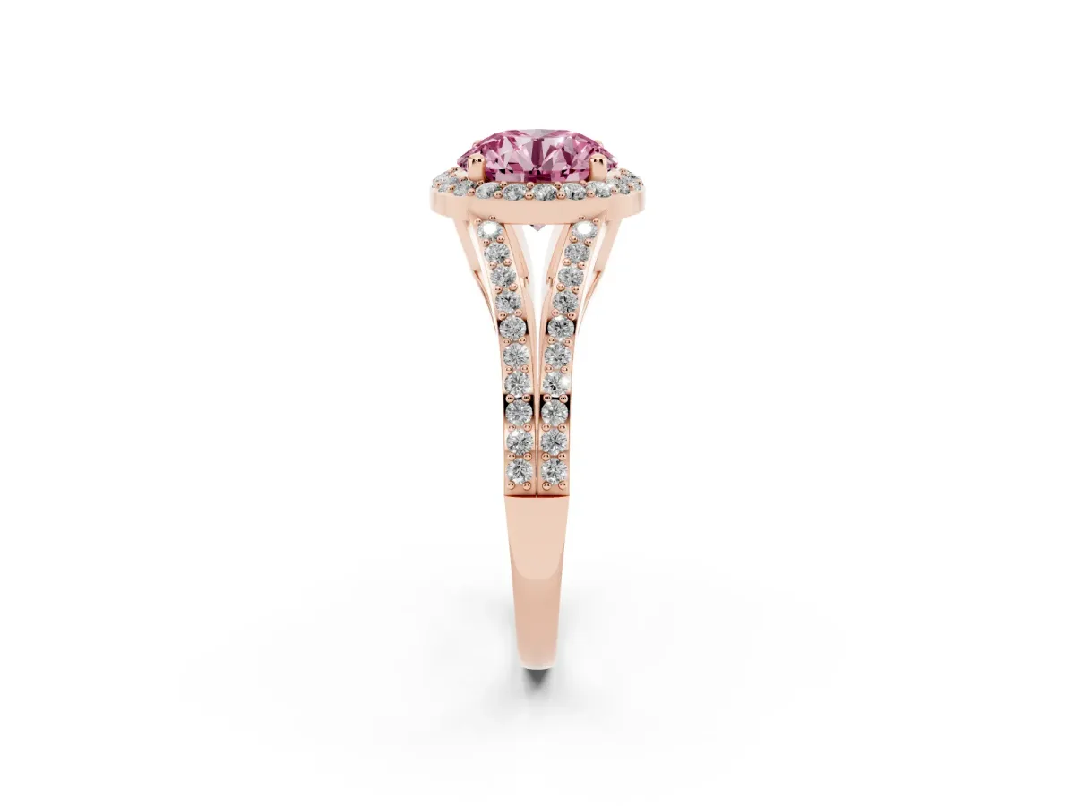 Fancy Pink Round Cut Halo Split Shank Pave Diamond Ring with Four-Prong Setting Rose gold