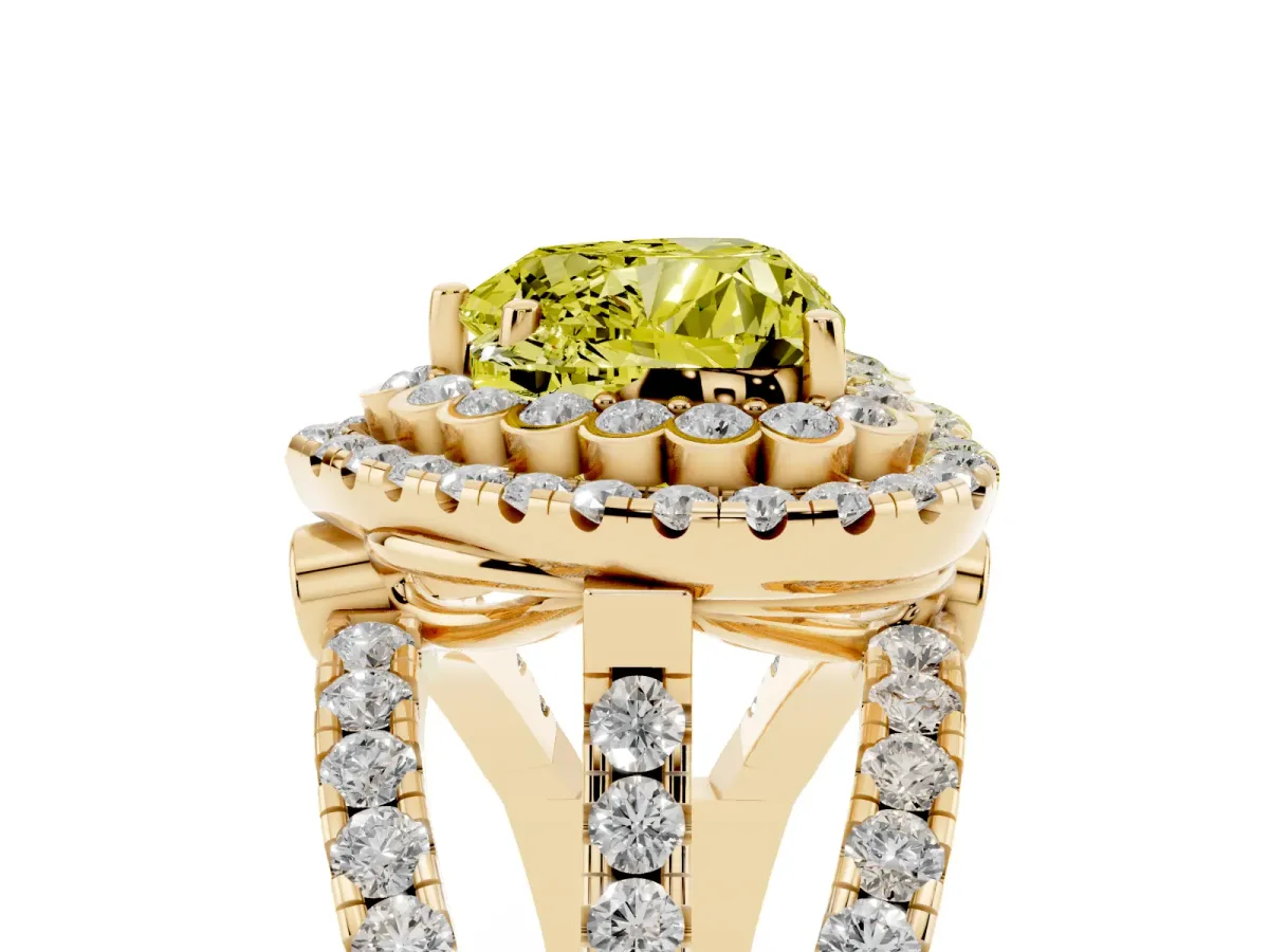 Fancy Yellow Heart Cut Diamond Double Halo Ring with Round Pavé Split Shank and Prong Setting Yellow gold