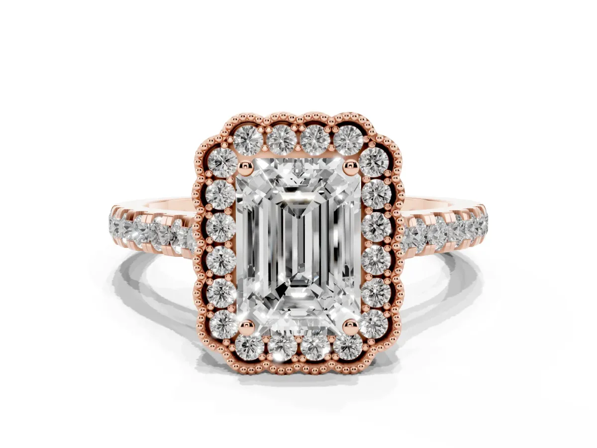 Emerald Cut Cut Diamond Milgrain Floral Halo Engagement Ring with Pavé Band Rose gold