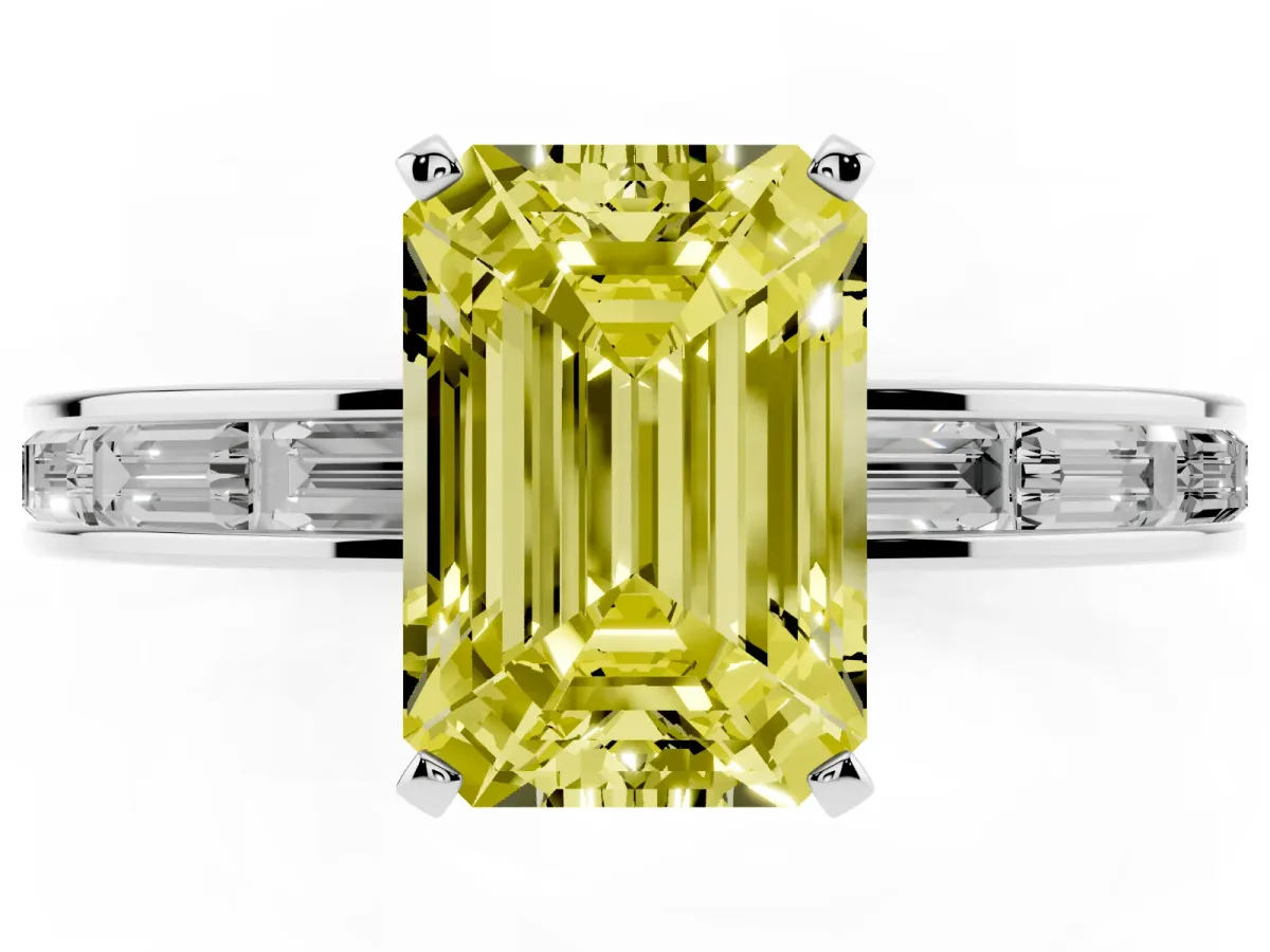 Fancy Yellow Emerald Cut Solitaire Diamond Ring with Channel-Set Baguette Band and Four-Prong Setting White gold