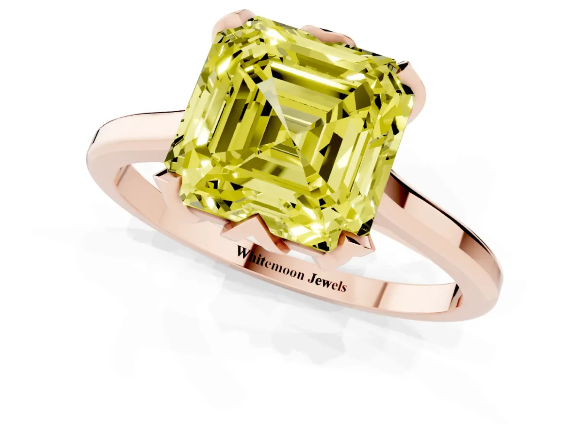 Fancy Yellow Asscher Cut Diamond Solitaire Ring with Flower Prong Setting and Classic Band Rose gold