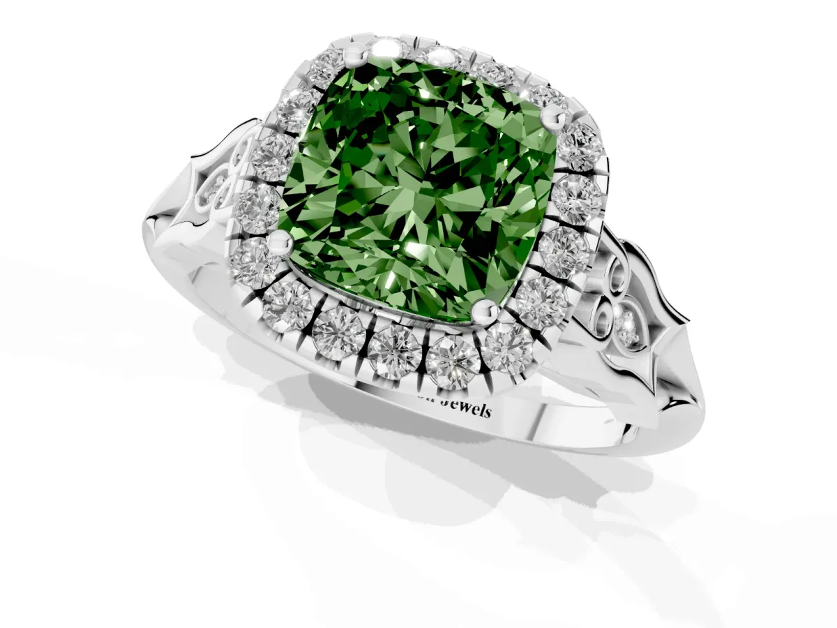 Fancy Green Cushion Cut Halo Diamond Engagement Ring with Filigree Band and Four-Prong Setting Silver
