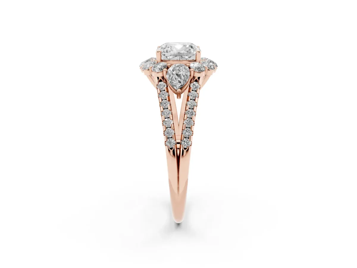 Cushion Cut Halo Split Shank Diamond Engagement Ring with Prong Setting Rose gold