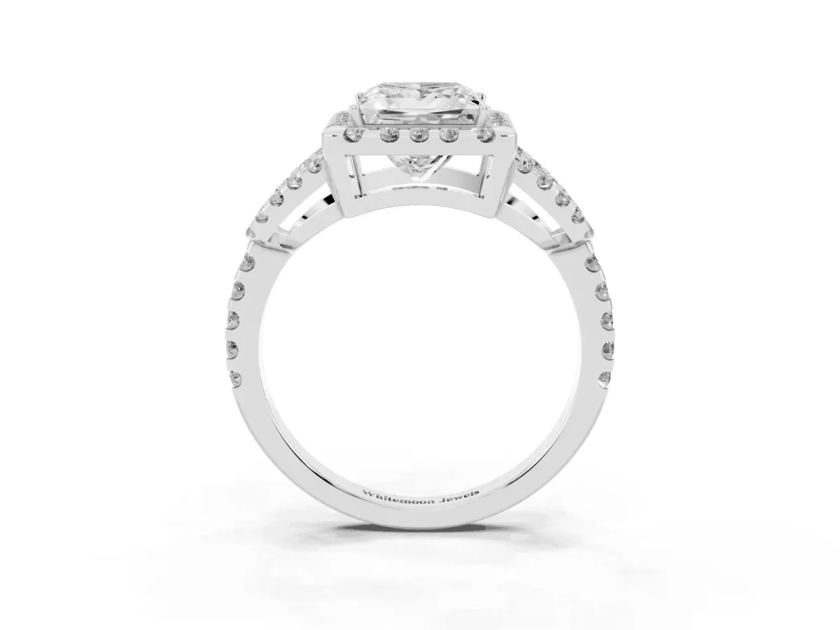 Princess Cut Cut Diamond Halo Engagement Ring with Open Split Pavé Band Platinum