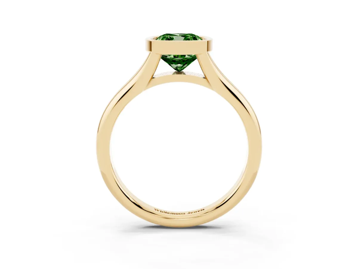 Fancy Green Bezel Set Cushion Cut Solitaire Diamond Ring with Smooth Band Yellow gold