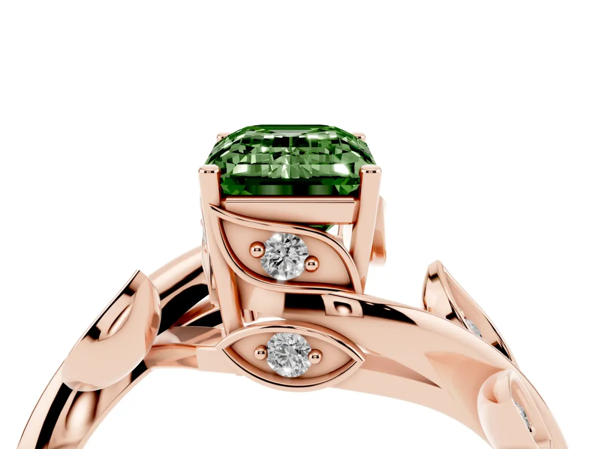 Fancy Green Emerald Cut Solitaire Twist Engagement Ring with Leaf Accents and Prong Setting Rose gold
