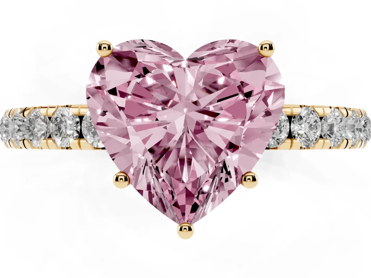 Fancy Pink Heart Cut Diamond Pavé Solitaire Engagement Ring with Four-Prong Setting Yellow gold