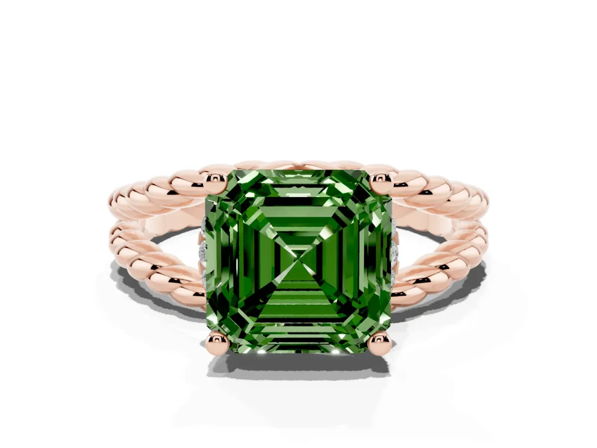 Fancy Green Asscher Cut Halo Twisted Band Four-Prong Ring Rose gold