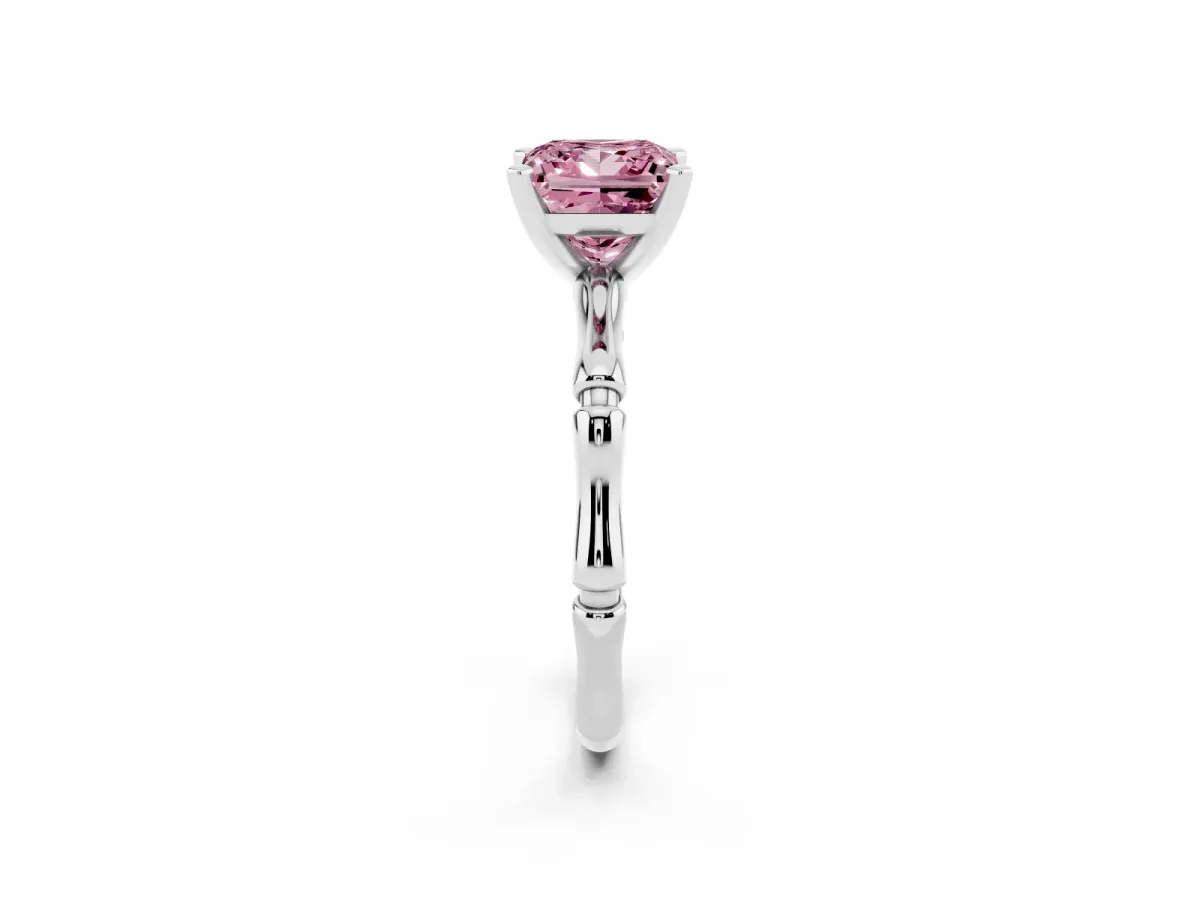 Fancy Pink Princess Cut Solitaire Diamond Ring with Bamboo Band and Four-Prong Setting Silver