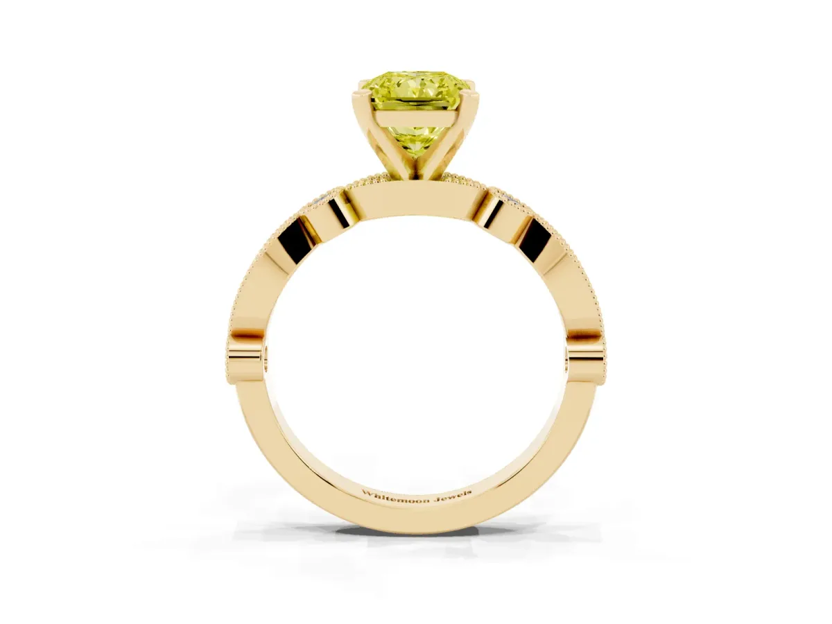 Fancy Yellow Radiant Cut Milgrain Bezel Diamond Engagement Ring with Solitaire Prong Setting Yellow gold