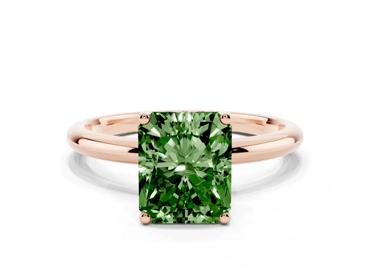 Fancy Green Radiant Cut Cut Solitaire Engagement Ring with Four-Prong Setting and Classic Band Rose gold