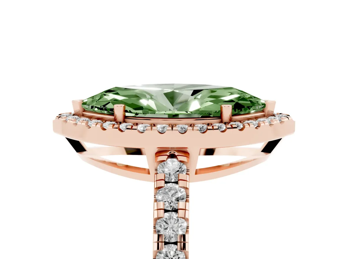 Fancy Green Marquise Cut Diamond Halo Ring with Pavé Band and Four-Prong Setting Rose gold