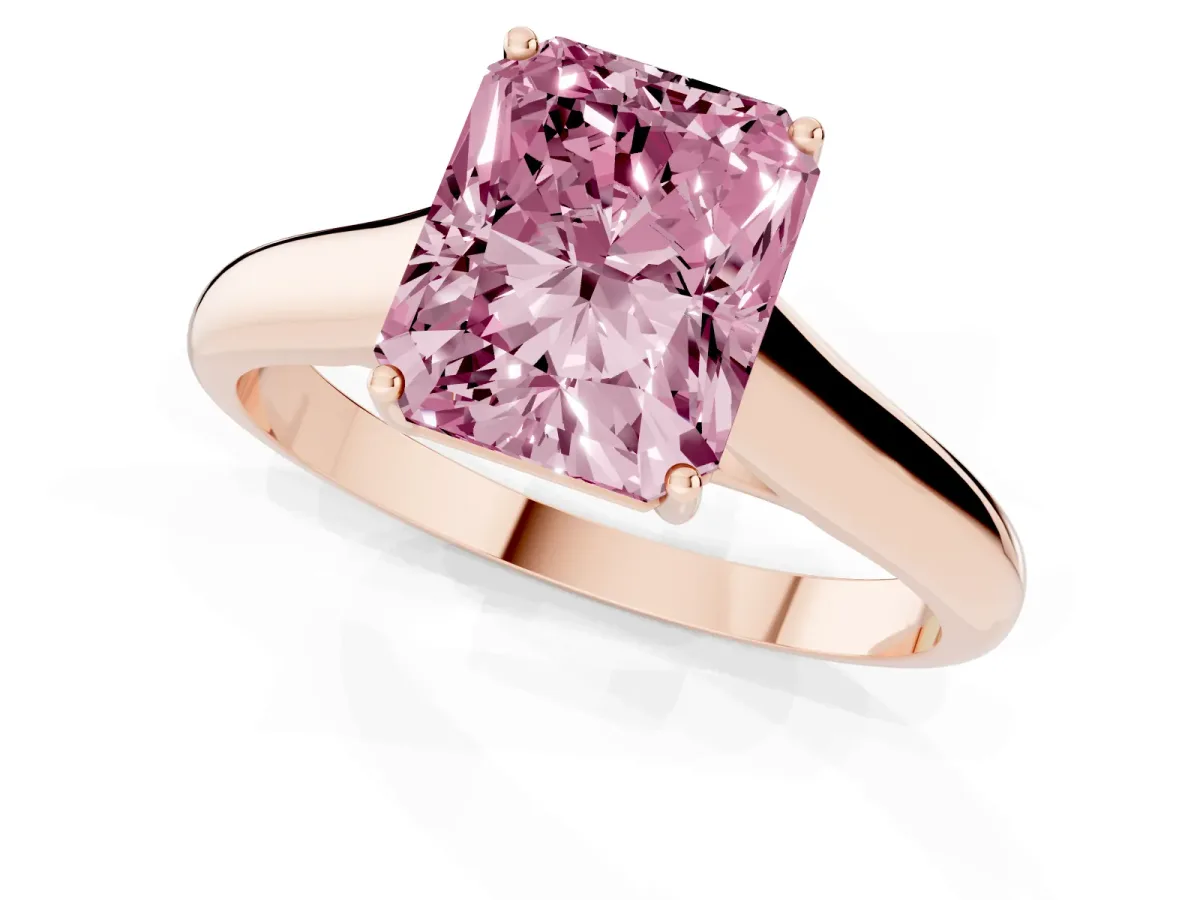 Fancy Pink Radiant Cut Solitaire Engagement Ring with Tapered Band and Four-Prong Setting Rose gold