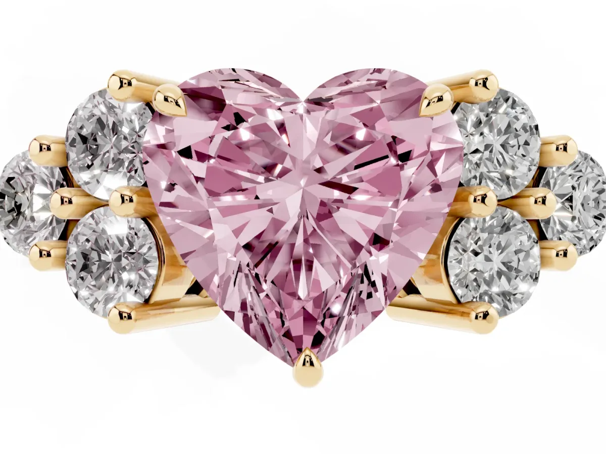 Fancy Pink Heart Cut Brilliant Diamond Cluster Accent Solitaire Ring with Prong Setting Yellow gold
